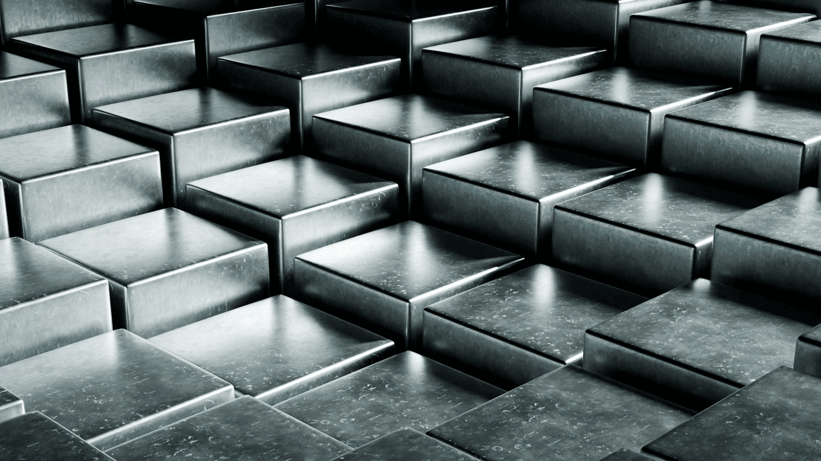Metallic cubes arranged in a stepped pattern