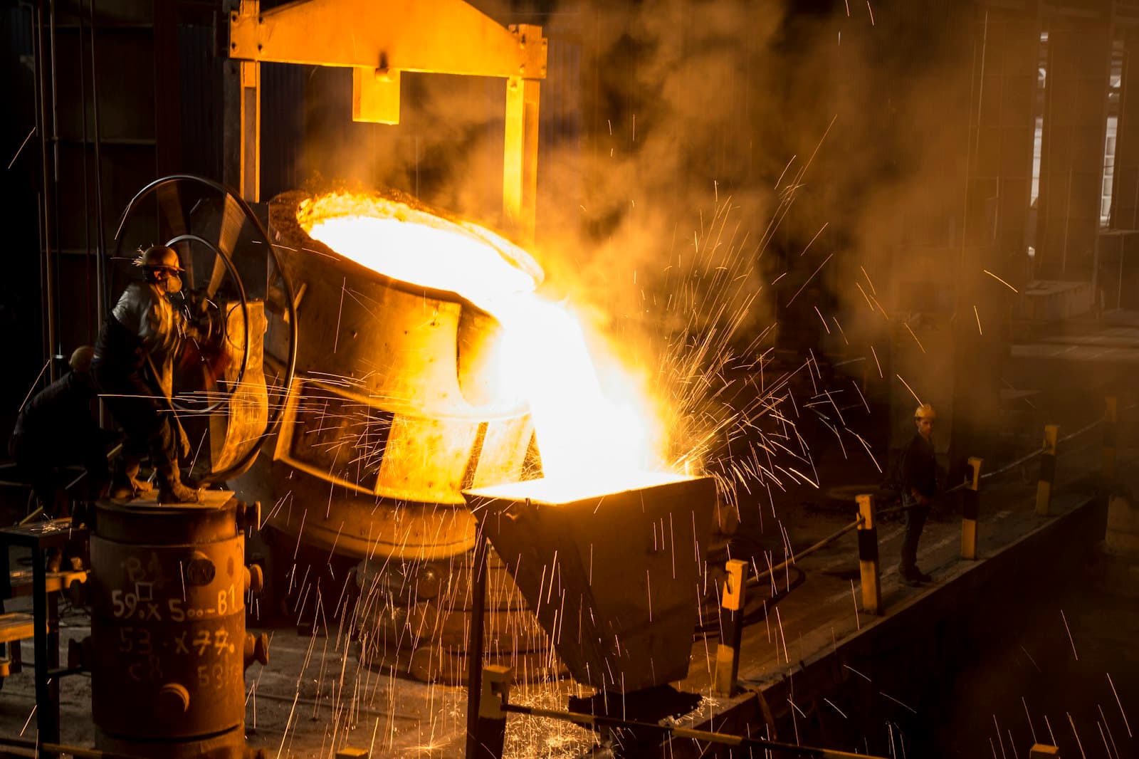Molten metal being poured on a casting machine