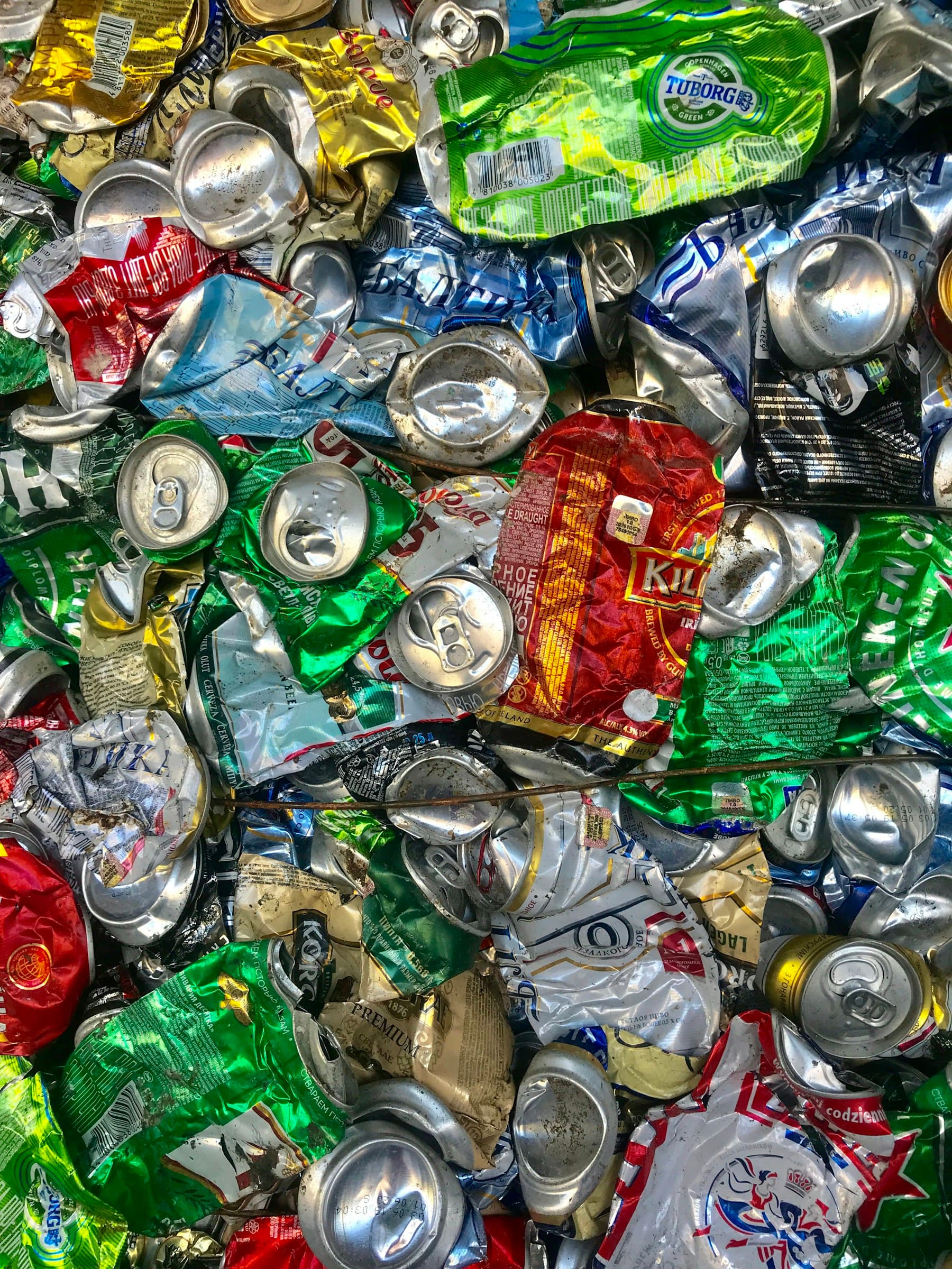 Crushed aluminium cans collected for recycling